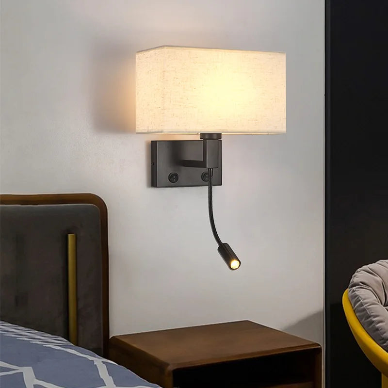 Axyaa Bedside Wall Lamp with USB Port and Cloth Lampshade