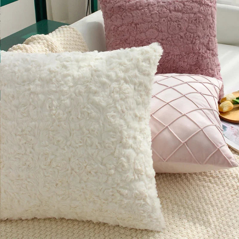 Axyaa White/Pink 45x45 Plush Cushion Cover for Living Room Sofa Couch Office