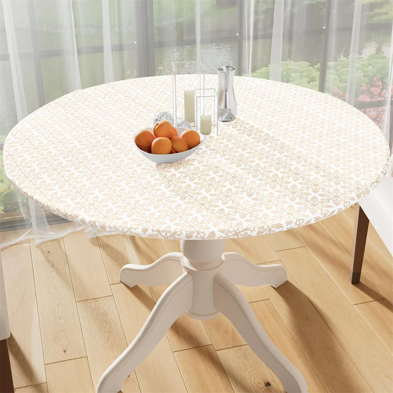 Axyaa Waterproof Fitted Round Vinyl Tablecloth for Outdoor Picnics and Camping