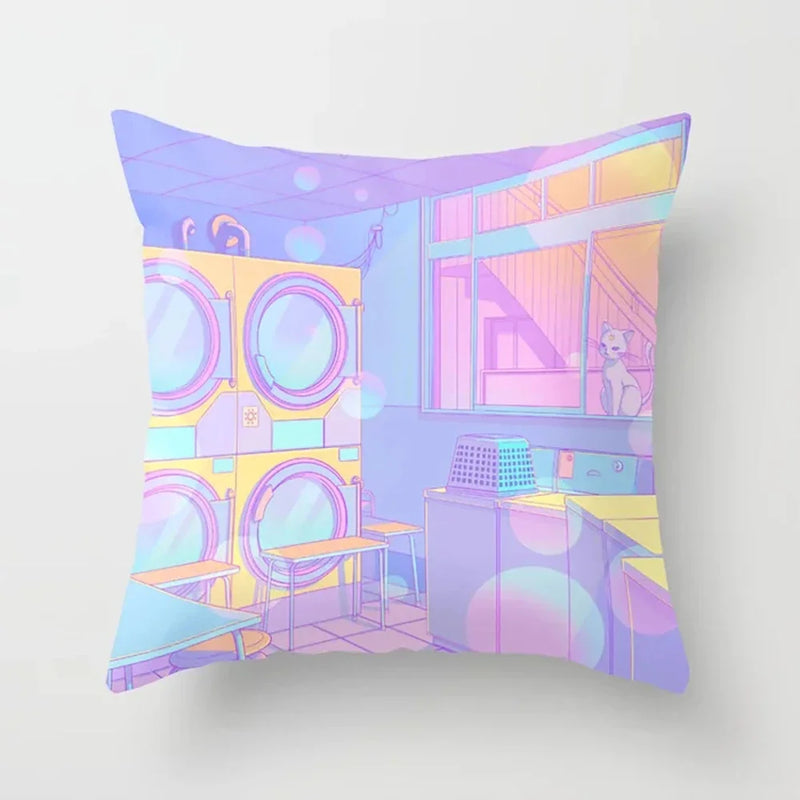 Pink Anime City Print Polyester Pillowcase 45x45cm for Bedroom Living Room by Axyaa.