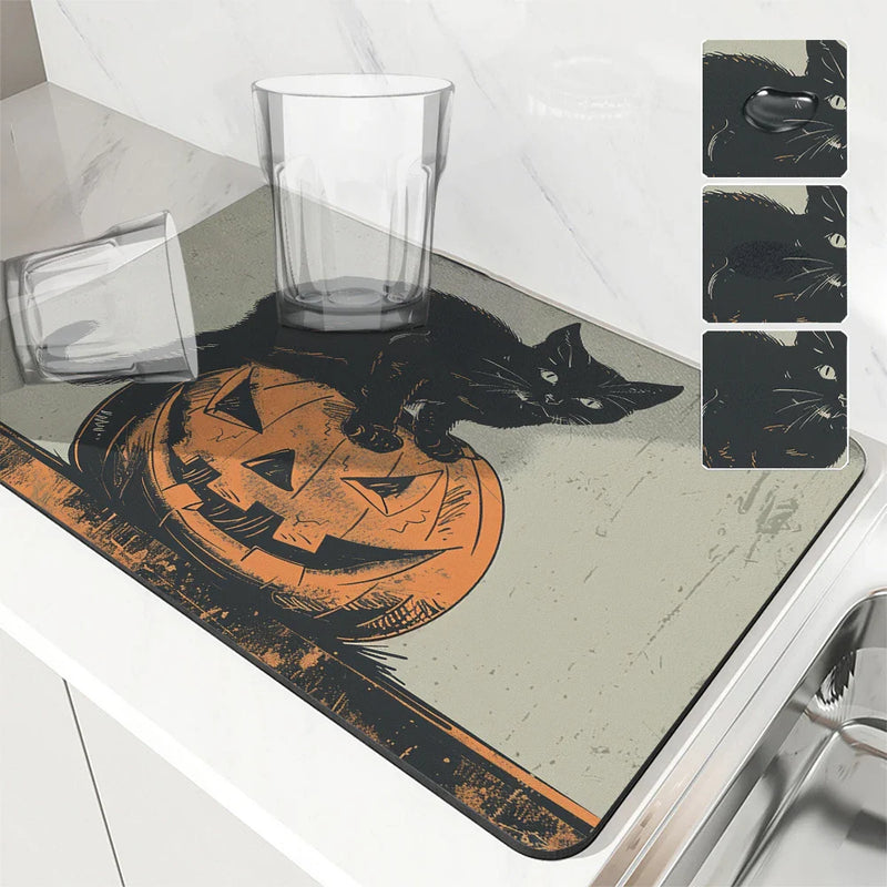 Halloween Cat Pumpkin Head Absorbent Drying Mat for Kitchen Table by Axyaa