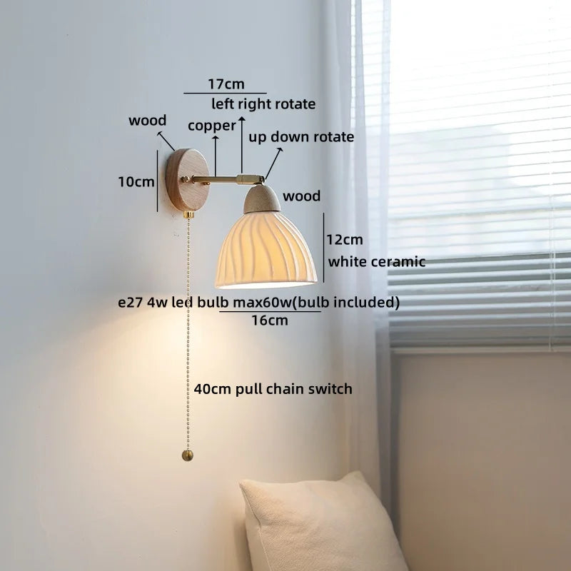Axyaa White Ceramic LED Wall Sconce – Wooden Socket Stair Wall Light