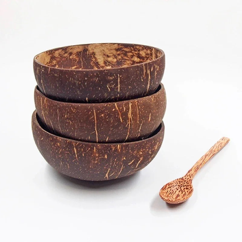 Axya Coconut Bowl Set with Wooden Spoon - Natural Kitchen Tableware