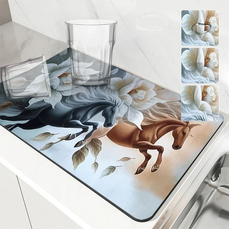Axyaa Absorbent Horse Flower Kitchen Mat, Quick Dry Tableware Mat