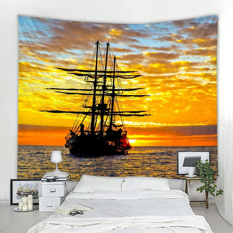 Axyaa Pirate Ship Tapestry - Sailing Seascape Decor for Boho Bedroom Aesthetics