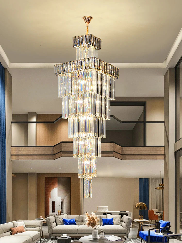 Axyaa Crystal Chandelier: Villa Luxury LED Spiral Staircase Pendant Light