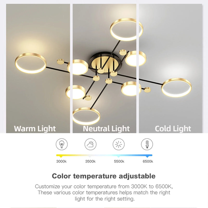 Axyaa Black Gold 8-Light Remote Chandelier - Dimmable for Living Room, Bedroom & Hotel