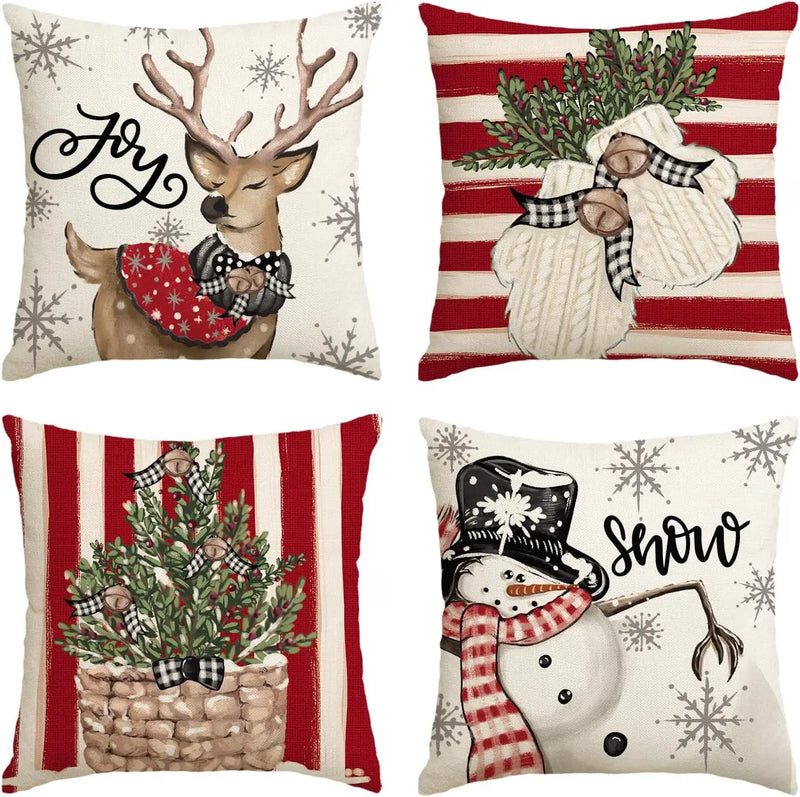 Winter Holiday Throw Pillow Covers by Axyaa: Snowman Reindeer Gloves Eucalyptus Red Stripes