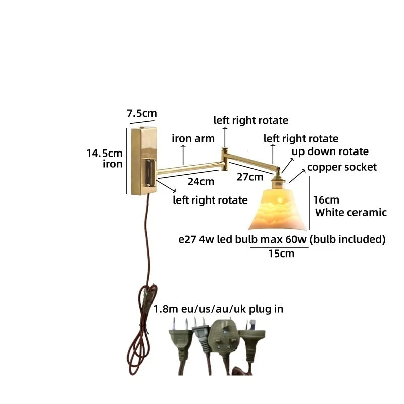 Axyaa Nordic LED Swing Arm Wall Lamp Gold Rotate Bedroom Bedside Light