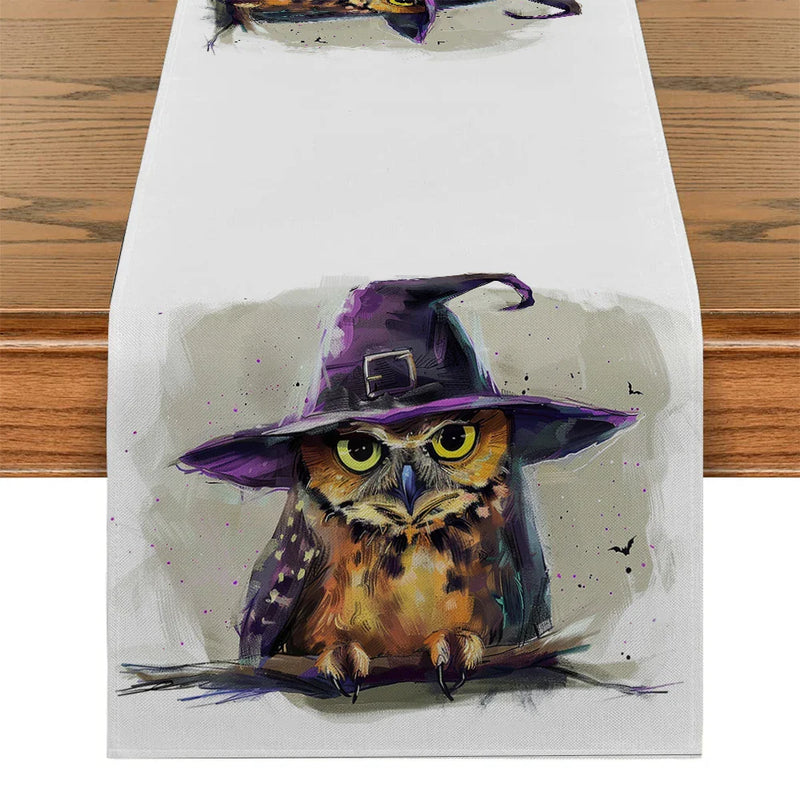 Axyaa Halloween Owl Wizard Hat Table Runner - Elegant Home Dining Decor