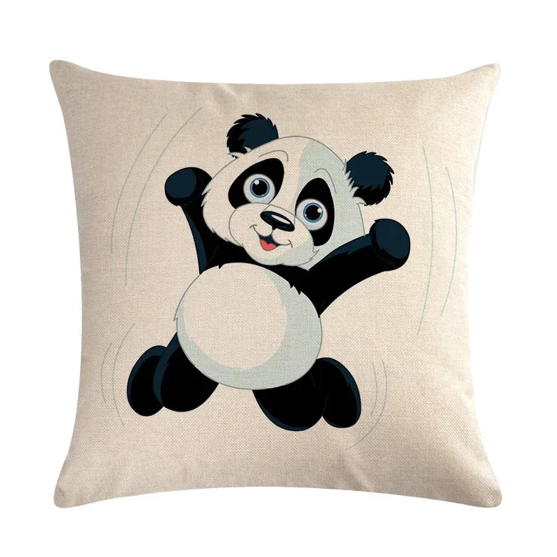 Axyaa Cartoon Panda Print Linen Pillowcase 45x45cm Square Home Sofa Decoration Cover