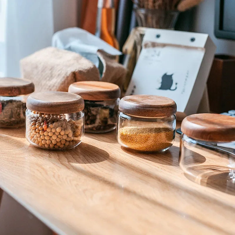 Axya Acacia Wood Glass Storage Jar for Tea, Snacks, and Grains