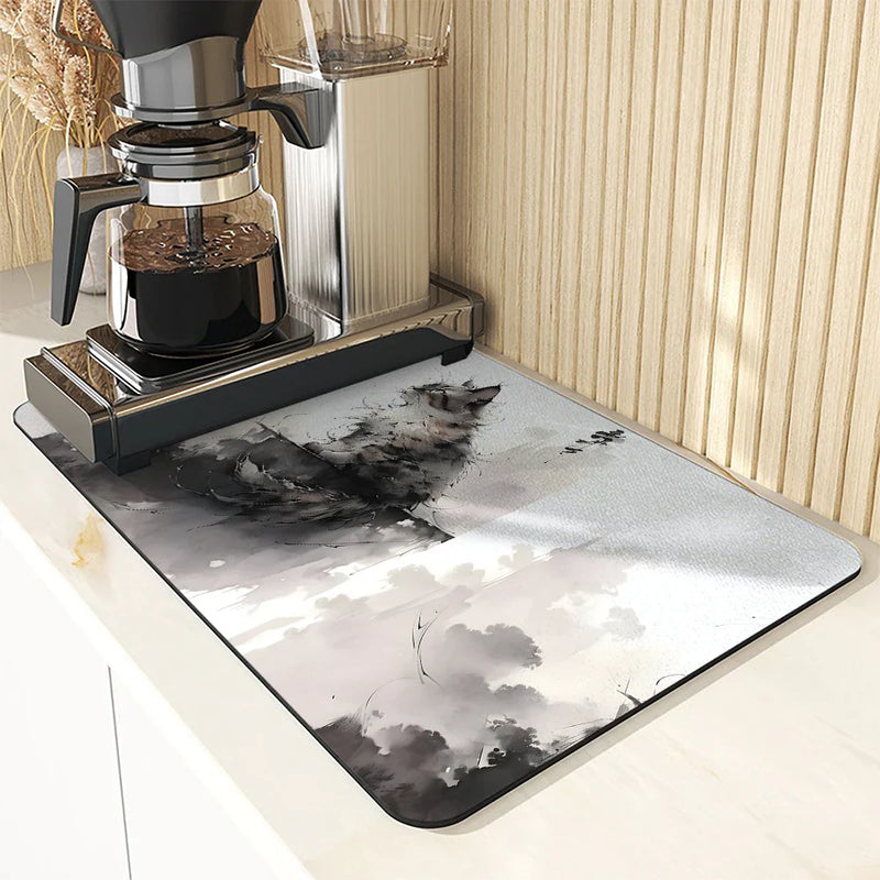 Axyaa Black Cat Kitchen Drying Mat - Quick Dry Drain Pad for Coffee & Dishes