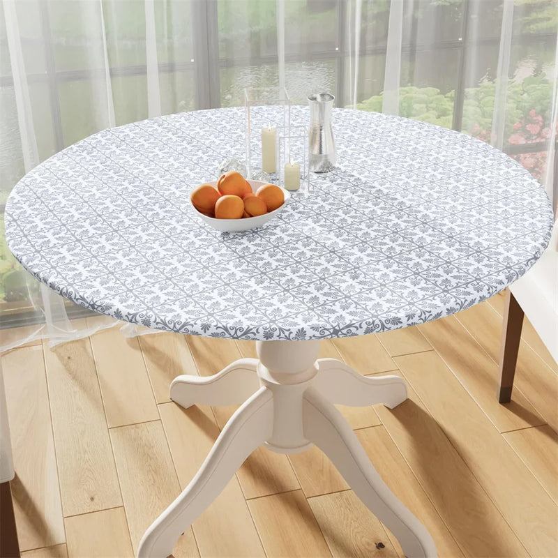 Axyaa Waterproof Fitted Round Vinyl Tablecloth for Outdoor Picnics and Camping