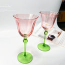 Axyaa Pink Flower Green Stem Glass Goblet - 320ml Vintage Style