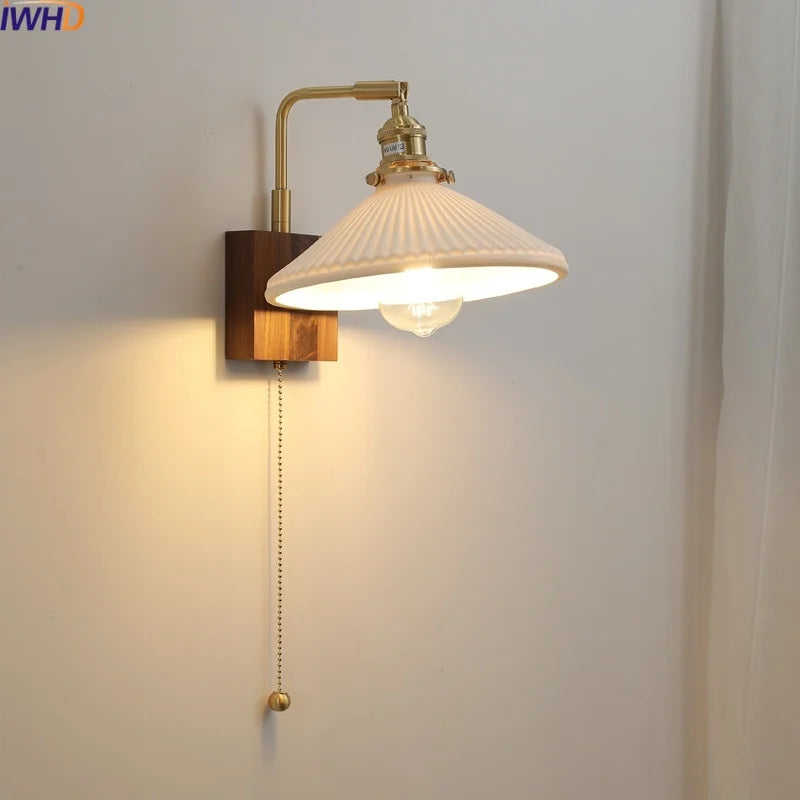 Axyaa Walnut Ceramic LED Wall Lamp with Pull Chain Switch