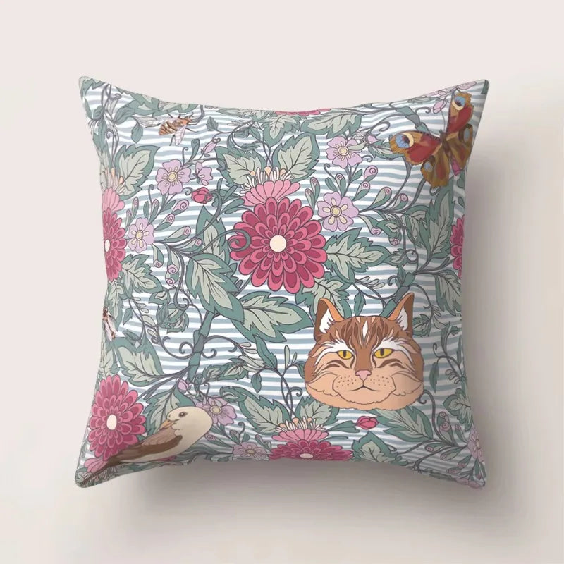 Tropical Cactus Flower Cat Print Pillow Cover 45X45CM for Home Sofa Chair