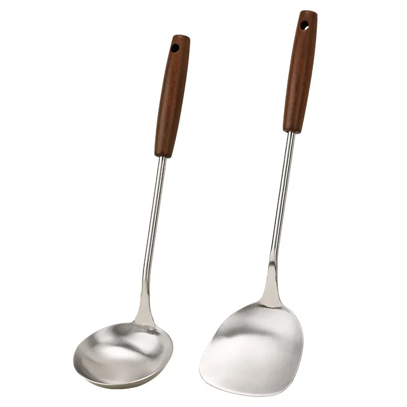 Axyaa Stainless Steel Wok Spatula Ladle Set with Wooden Handle