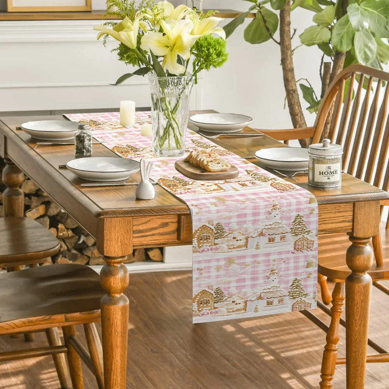 Pink House Table Runner by Axyaa: Christmas Decor for Kitchen Table, Farmhouse Style Dining Table Decoration
