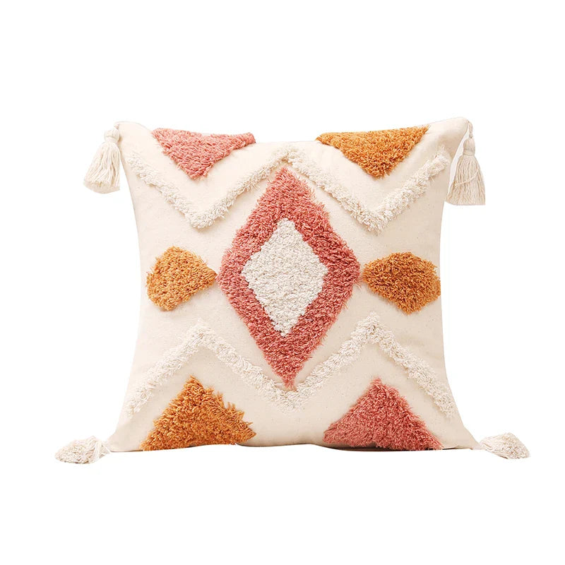 Axyaa Tufted Tassel Boho Cushion Cover in Warm Colors