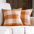 Axyaa Buffalo Plaid Check Throw Pillow Covers in Blue White Orange Ivory.