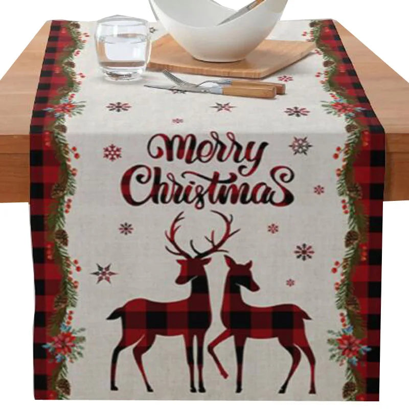 Axyaa Christmas Table Runner with Gnome Elk Tree Snowflake Print