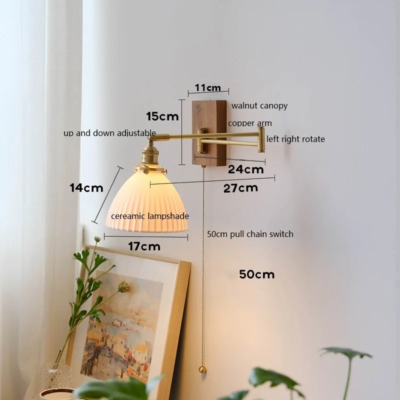 Axyaa Walnut Canopy Copper LED Wall Lamp with Long Arm Rotation