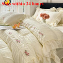 Axyaa Korean Princess Lace Ruffles Wedding Bedding Set with Washed Cotton Soft Duvet Cover