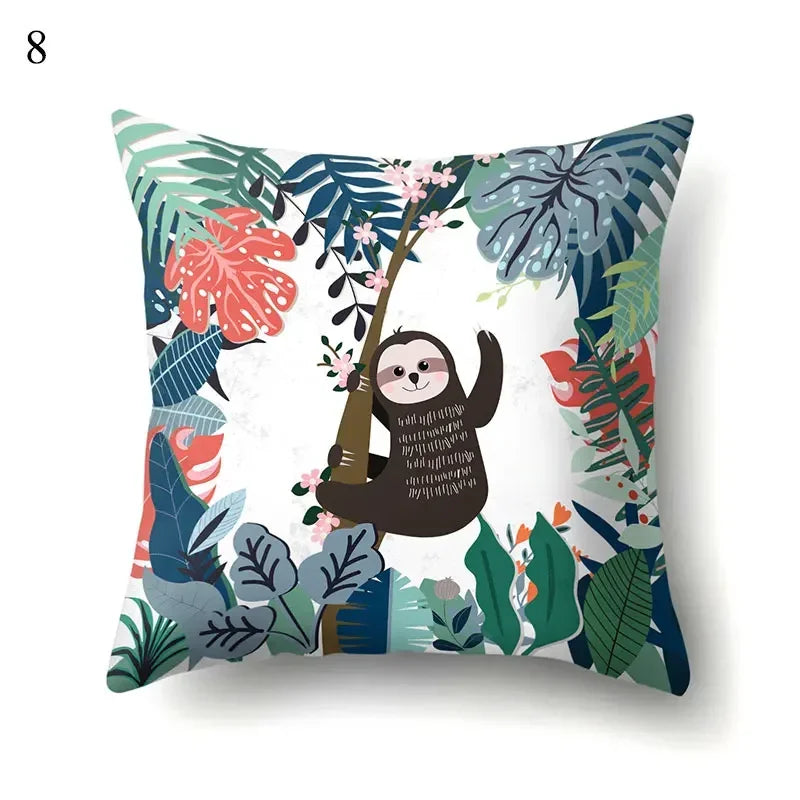 Sloth & Tropical Plants Printed Pillow Cover by Axyaa
