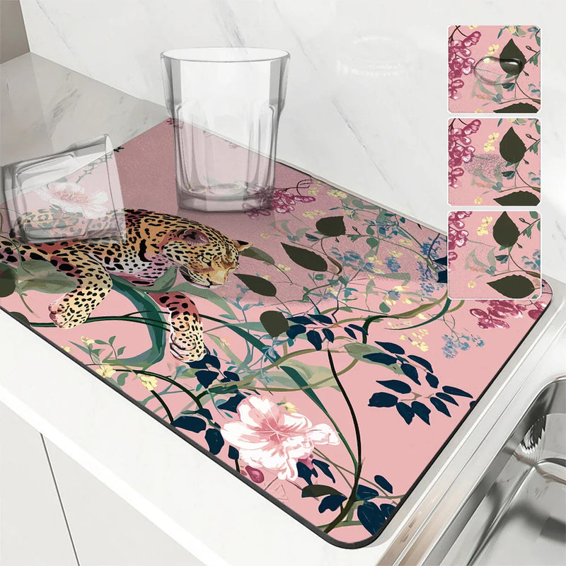 Axyaa Leopard Kitchen Drying Mat - Quick Dry Antiskid Tableware Mat