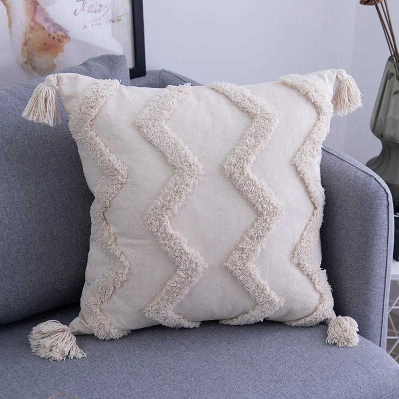 Axyaa Beige Boho Tufted Geometric Cushion Cover for Chic Home Decor
