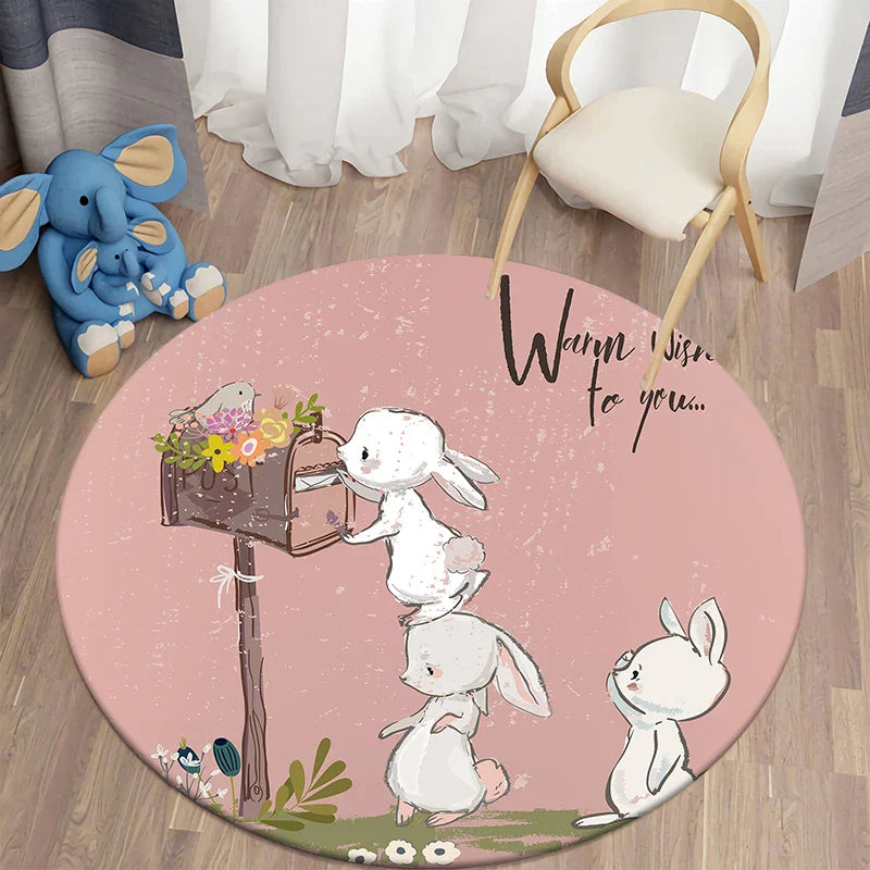 Round Rabbit Print Rug for Kids' Room | Axyaa's Cartoon Rabbit Mat