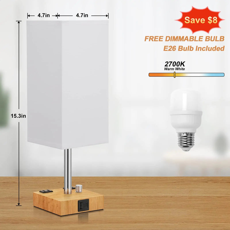 Axyaa USB-C+A Charging Ports Dimmable Bedside Lamp White Lampshade