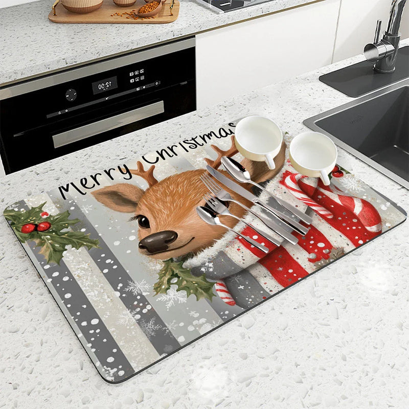 Christmas Deer Socks Berries Non-Slip Drying Mat by Axyaa Kitchen Counter Placemat
