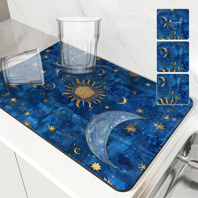 Axyaa Diatom Kitchen Drain Pads: Absorbent, Stars and Moons, Coffee Machine Mat