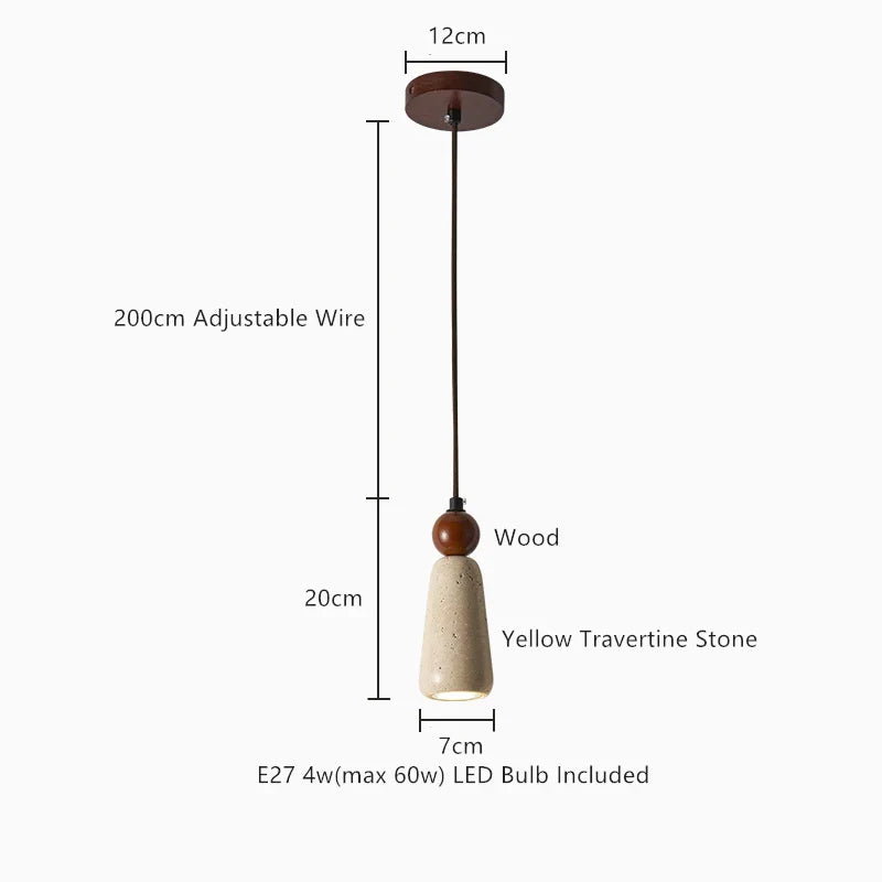Axyaa Yellow Travertine Wood Pendant Light, LED Hanging Lamp for Dinging Living Room