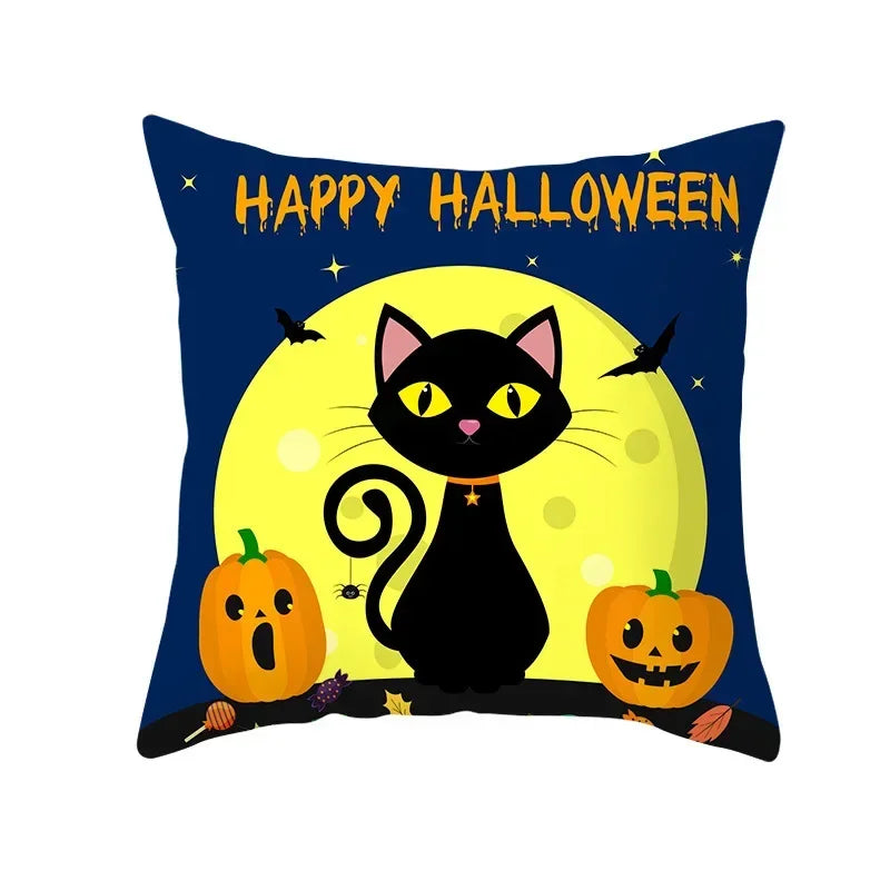 Axyaa Black Cat Pumpkin Cushion Cover 45x45 cm - Home Decor Funny Printed Pillow Case