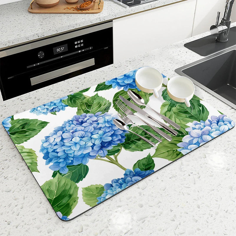 Axyaa Hydrangeas Watercolor Drying Mat: Non-Slip Absorbent Tableware Mat