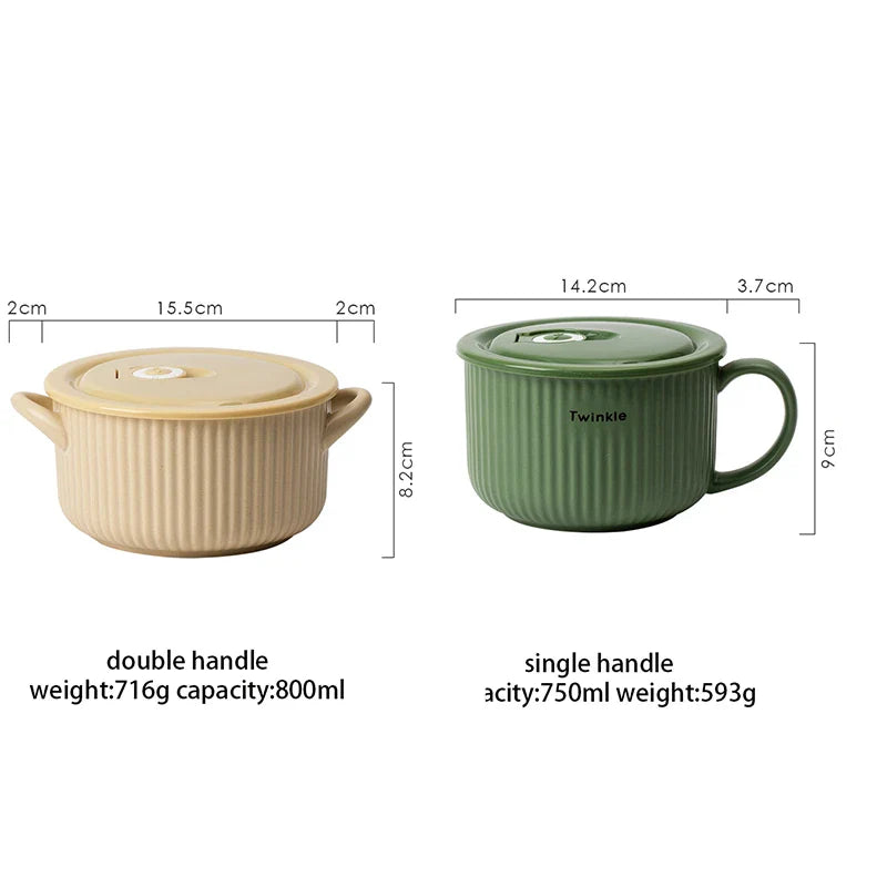 Axya Striped Ceramic Noodle Bowl with Handle for Kitchen Tableware and Microwave Safe