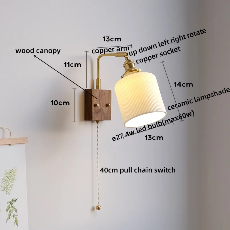 Axyaa Ceramic Copper LED Wall Lamps with Pull Chain Switch for Home Decor