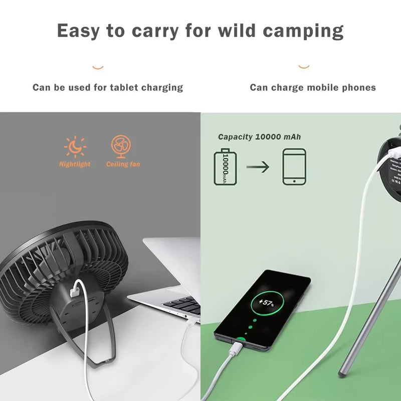 Axyaa 10000mAh Portable Camping Fan with Power Bank and LED Lighting