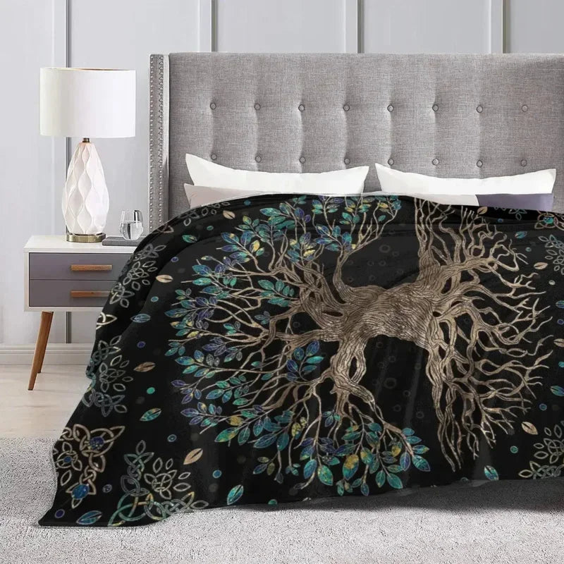 Axyaa Tree Of Life Golden Marble Flannel Throw Blanket