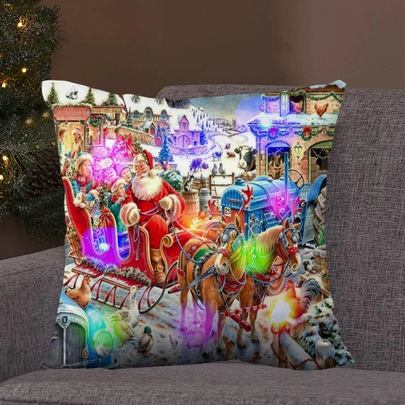 Axyaa LED Retro Santa Christmas Lights Pillowcase Home Decor 45x45