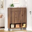 Axyaa Fluted Shoe Cabinet with 2 Flip Drawers, Beige Slim Shoe Storage