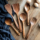 Axyaa Wood Kitchen Utensil Set - Skimmer Spoons, Salad Scoop, Non-Stick Colander