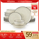 Axyaa Handpainted Spiral Ceramic Dinnerware Set in Beige - 24/48 Piece