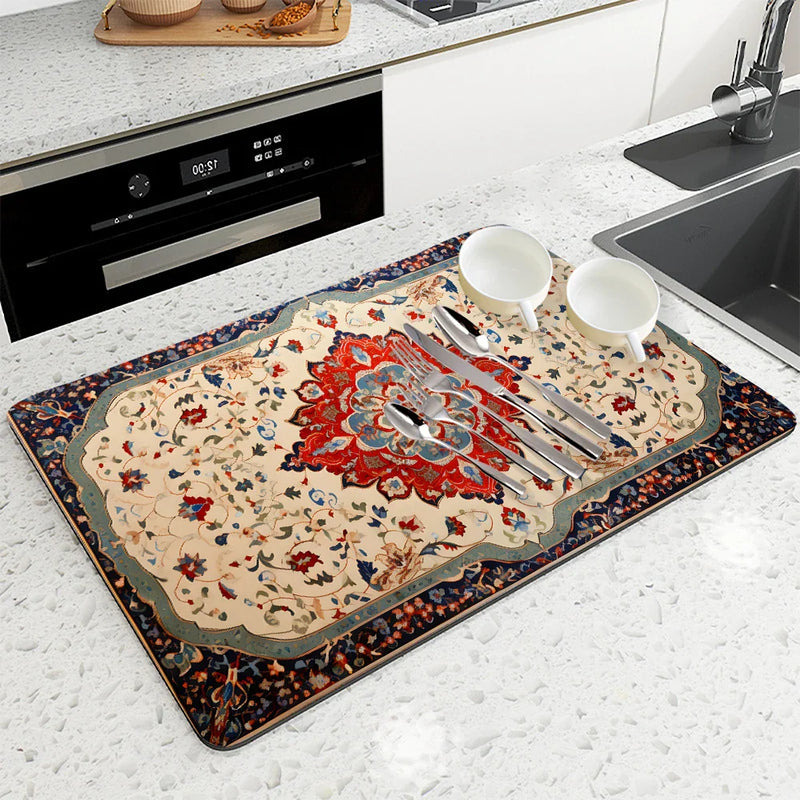 Axyaa Paisley Drying Mat: Absorbent, Antiskid, Quick Dry, Kitchen & Bathroom Tableware Drain Pad