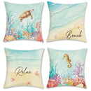 Axyaa Seaside Creatures Cushion Cover: Turtle, Seahorse & Beach Pattern for Sofa, Bedroom, Car