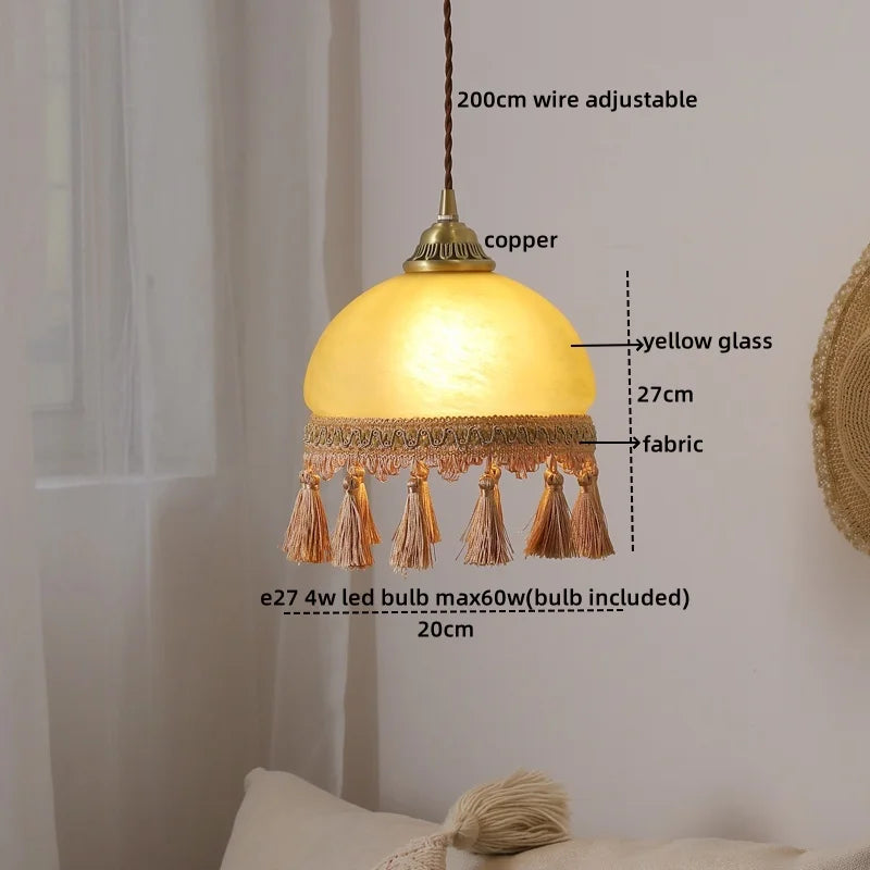 Axyaa Glass Tassels LED Pendant Light for Living Dining Bedroom, American Retro Style