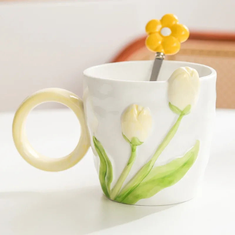 Axyaa Tulip Flower Ceramic Mug: 3D Design, Creative Relief, Ins Style, Coffee Cup